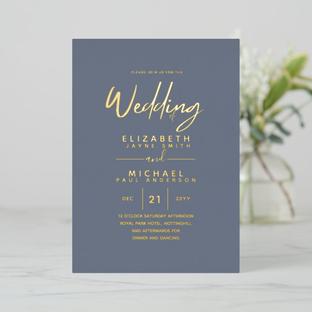 Classy GOLD FOIL Text Dusty Blue Wedding Elegant Foil Invitation (Standing Front)
