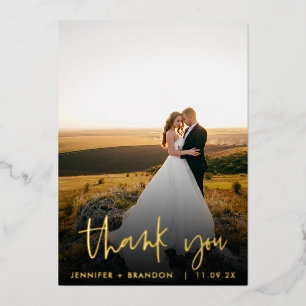 Classy Gold Foil Thank you Wedding Photo Foil Holiday Card
