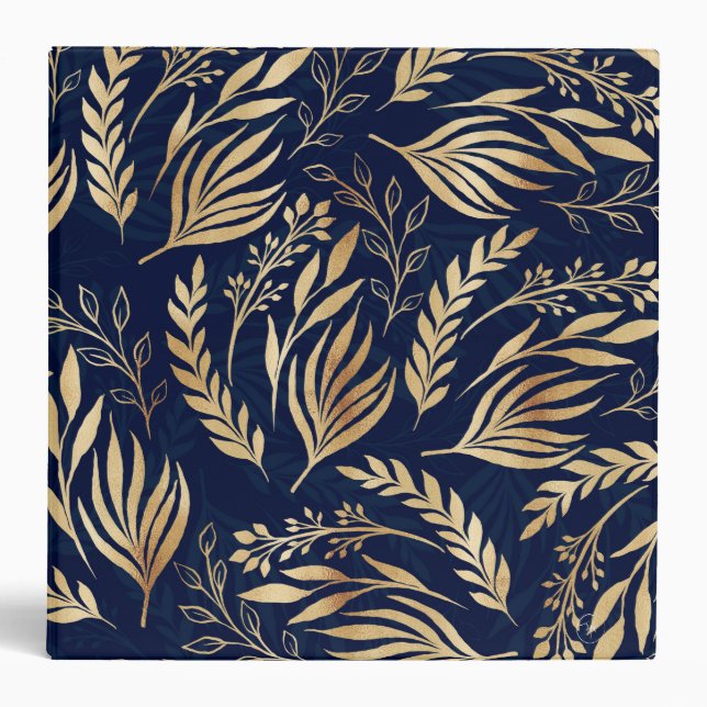 Classy Gold Foliage Botanical Blue Design 3 Ring Binder (Front)