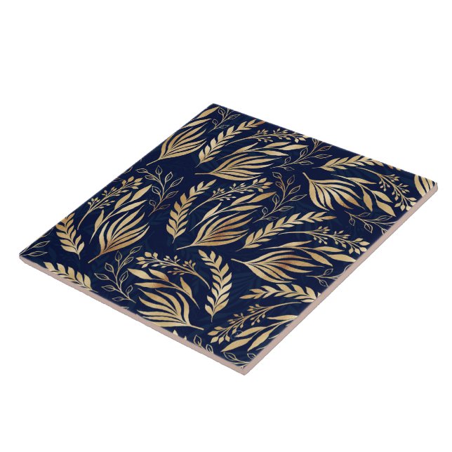 Classy Gold Foliage Botanical Blue Design Ceramic Tile (Side)