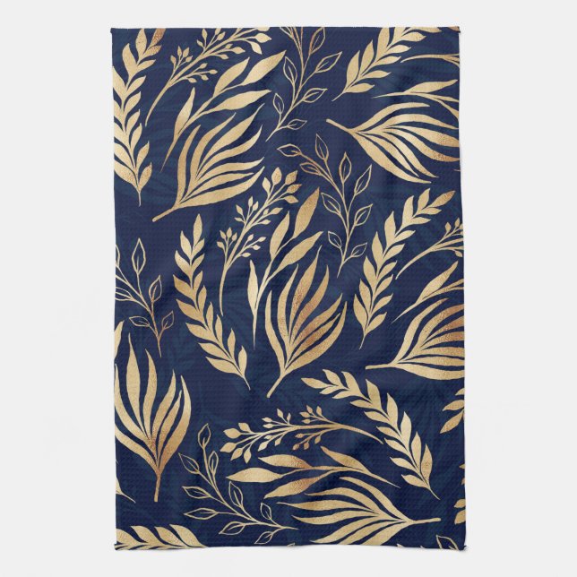 Classy Gold Foliage Botanical Blue Design Kitchen Towel (Vertical)