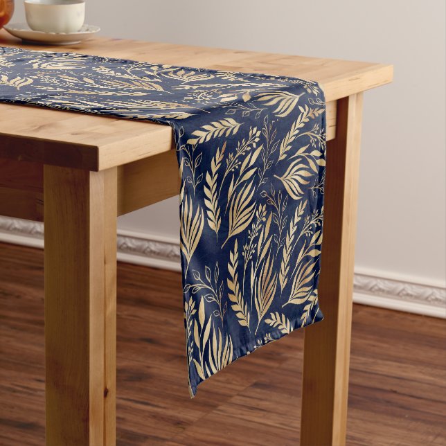 Classy Gold Foliage Botanical Blue Design Short Table Runner (In Situ)