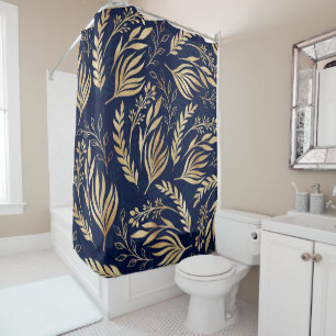 Classy Gold Foliage Botanical Blue Design Shower Curtain