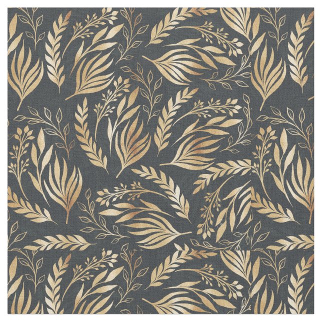 Classy Gold Foliage Botanical Gray Design Fabric (Close Up)