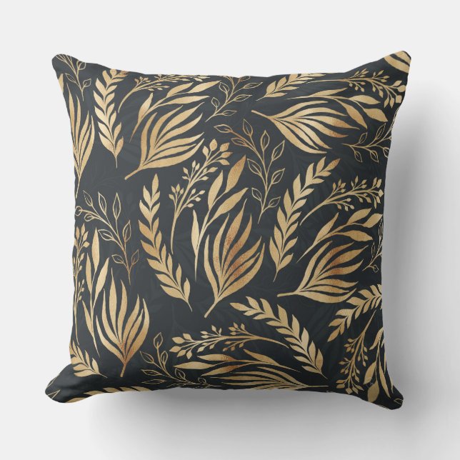 Classy Gold Foliage Botanical Gray Design Throw Pillow (Front)