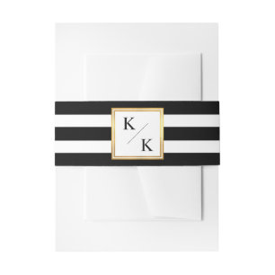Classy Gold Frame Black White Stripes Wedding Invitation Belly Band