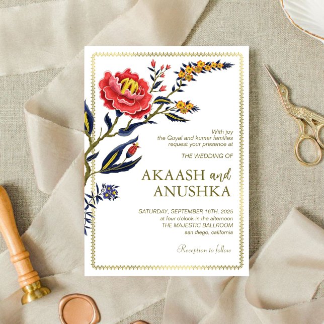 Classy Gold Frame Chic Flowers Wedding Invitation (Creator Uploaded)