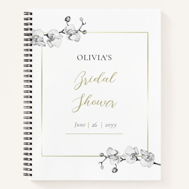 Classy Gold Frame Orchids Bridal Shower Gift List Notebook (Front)