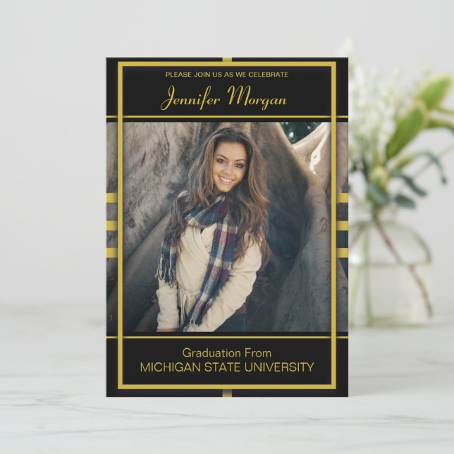 Classy Gold Frame Photo Graduation Invitation (Standing Front)