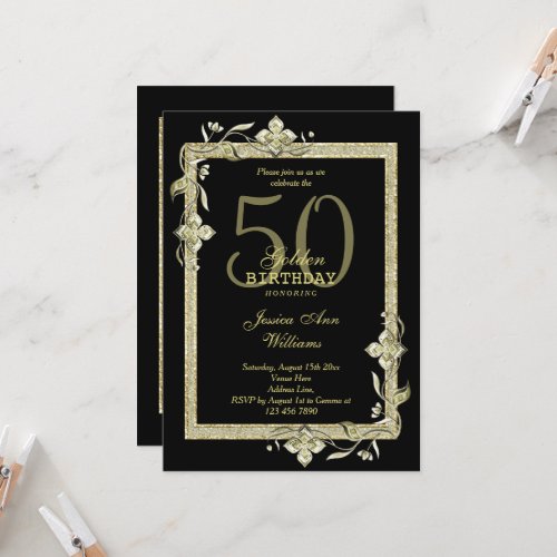Classy Gold Gem  Glitter 50th Golden Birthday  Invitation