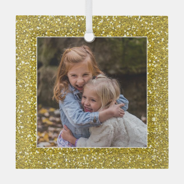Classy Gold Glitter Christmas Photo  Glass Ornament (Front)