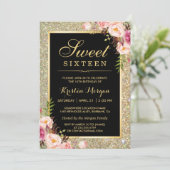 Classy Gold Glitter Floral Sweet 16 Birthday Party Invitation (Standing Front)