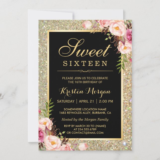 Classy Gold Glitter Floral Sweet 16 Birthday Party Invitation (Front)