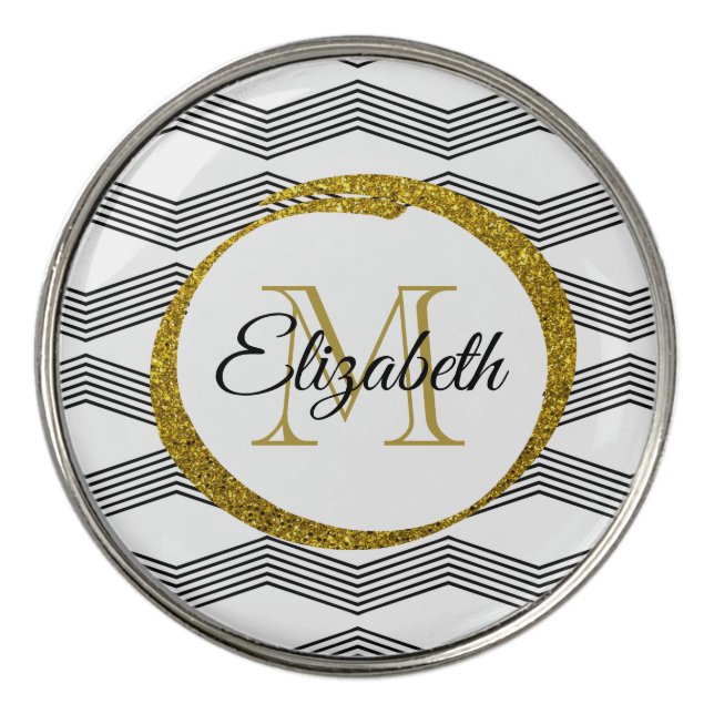 Classy Gold Glitter | Initial Letter Monogram Golf Ball Marker (Front)