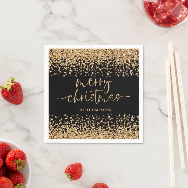 Classy Gold Glitter Merry Christmas Party Black Napkins (Insitu)