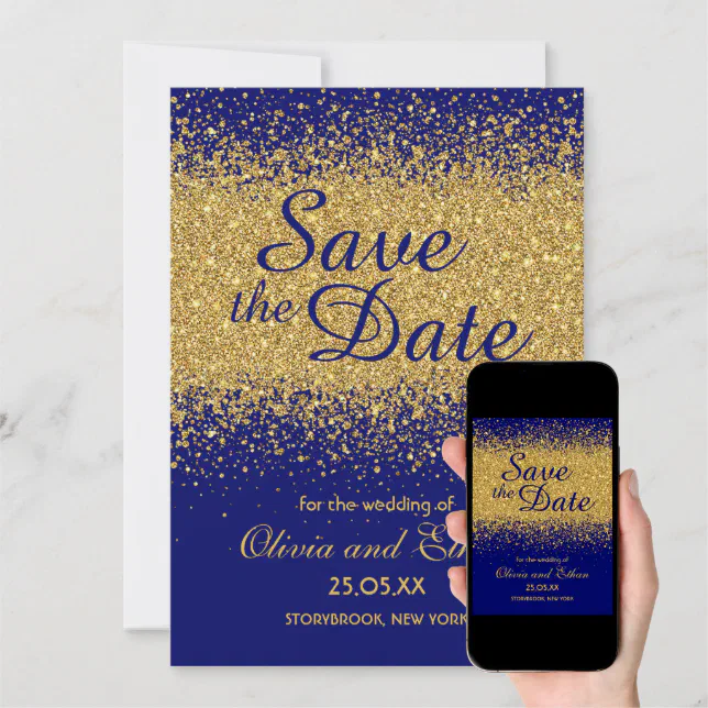 Classy Gold Glitter on Royal Blue Save The Date | Zazzle