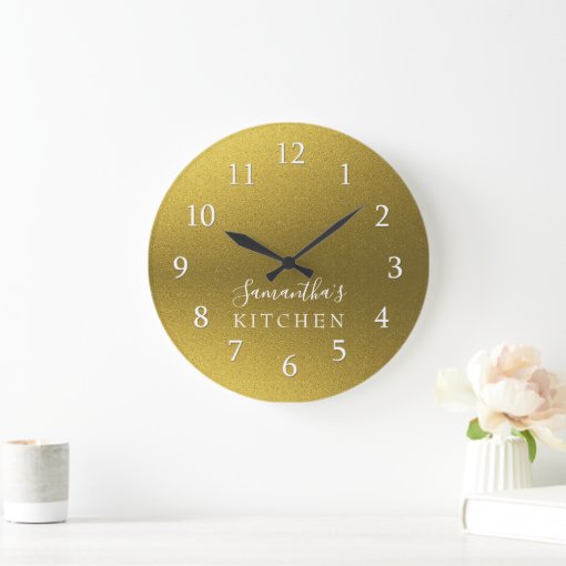 Classy Gold Glitter Personalized Name Kitchen Large Clock | Zazzle