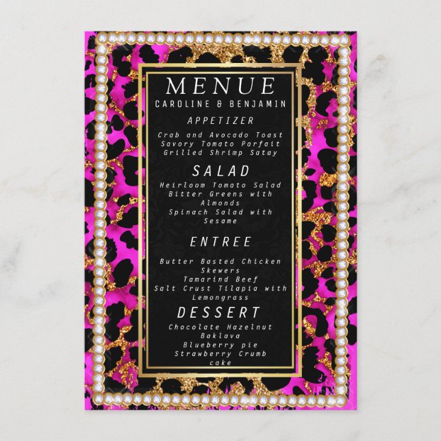 Classy Gold Glitter pink and black wedding Menu (Front)