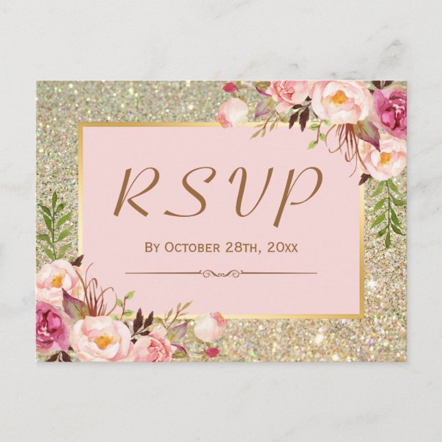 Classy Gold Glitter Pink Floral RSVP Response Invitation Postcard (Front)