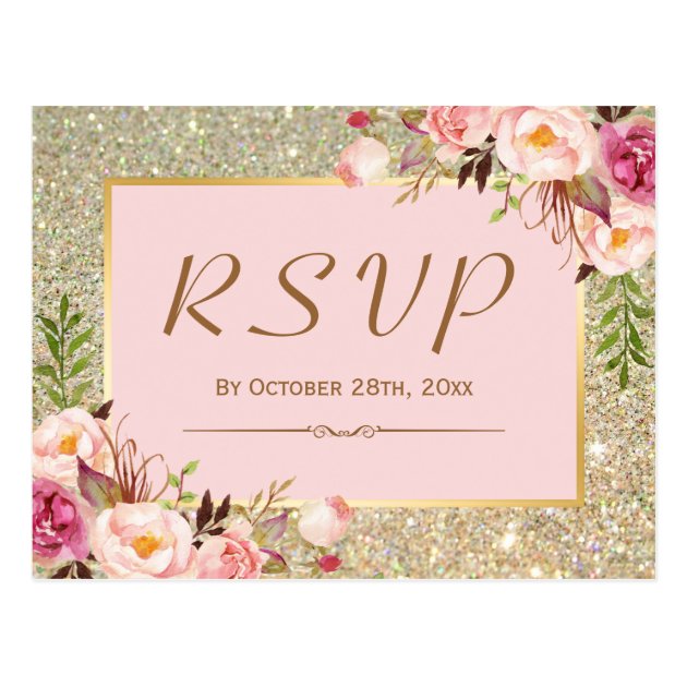 Classy Gold Glitter Pink Floral RSVP Response Postcard