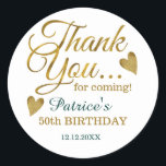 Classy Gold Green 50th Birthday Thank You    Classic Round Sticker<br><div class="desc">50th birthday thank you stickers in classy emerald green and gold typography .</div>