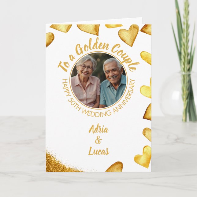 Classy Gold Heart 50th Wedding Anniversary Card (Front)