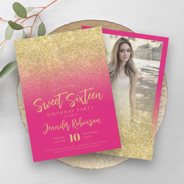 Classy Gold Hot Pink Glitter Photo Sweet 16   Invitation (Classy Gold Hot Pink Glitter Photo Sweet 16 Invitation)
