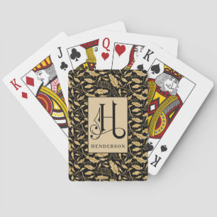 Classy Gold Leaves on Black Pattern H Monogram, Bi Poker Cards
