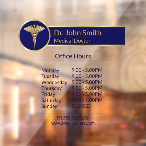 Classy Gold Medical Caduceus Blue Opening Hours Window Cling