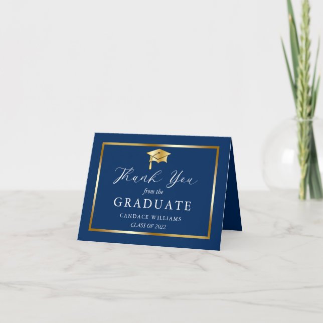 Classy Gold Minimalist Graduation Blue Thank You Card (Front)