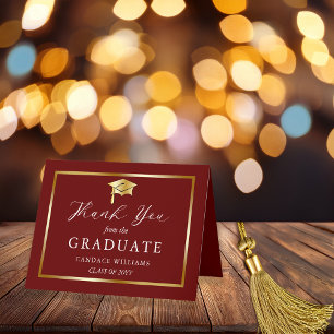 Classy Gold Minimalist Graduation Maroon Letterpress Thank You Card