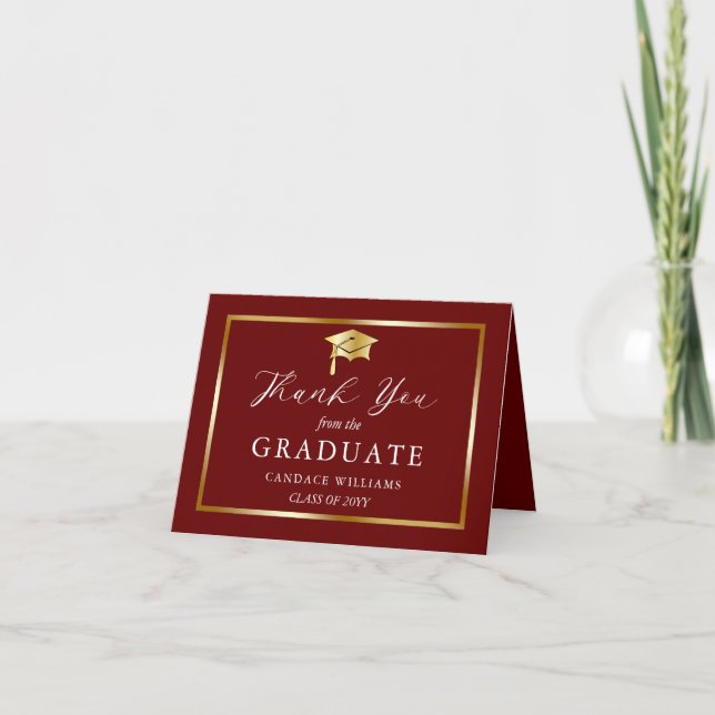 Classy Gold Minimalist Graduation Maroon Thank You Card (Front)