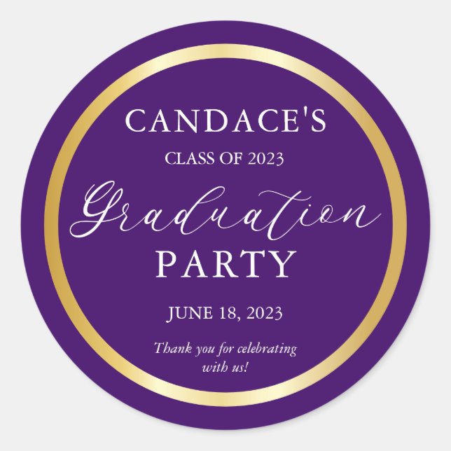 Classy Gold Minimalist Graduation Party Purple Classic Round Sticker (Front)