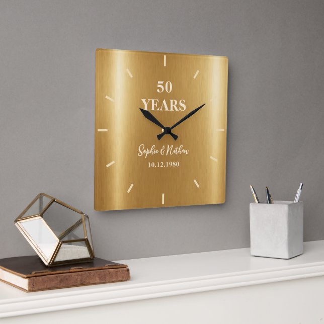 Classy Gold Modern Wedding Anniversary Keepsake Square Wall Clock (Office)