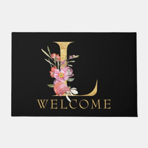 Classy Gold Monogram L with Pink Florals Doormat