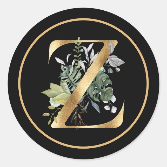 CLASSY GOLD MONOGRAM Z with Tropical Foliage Classic Round Sticker (Front)
