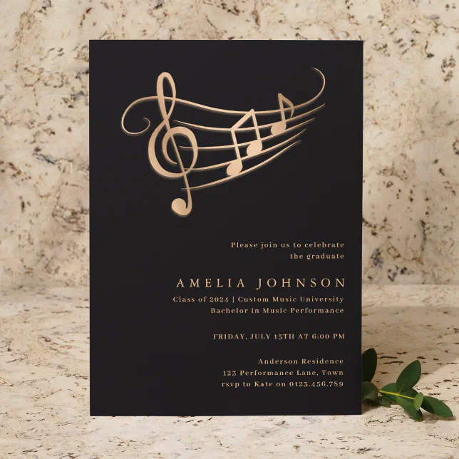 Classy Gold Music Notes Graduation Minimal Invitation | Zazzle