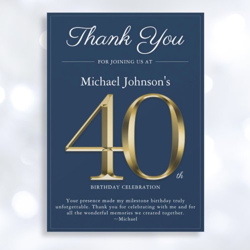 Classy Gold Navy Blue 40th Birthday Thank You Card