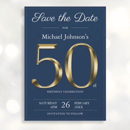 Classy Gold Navy Blue 50th Birthday Party Save The Date