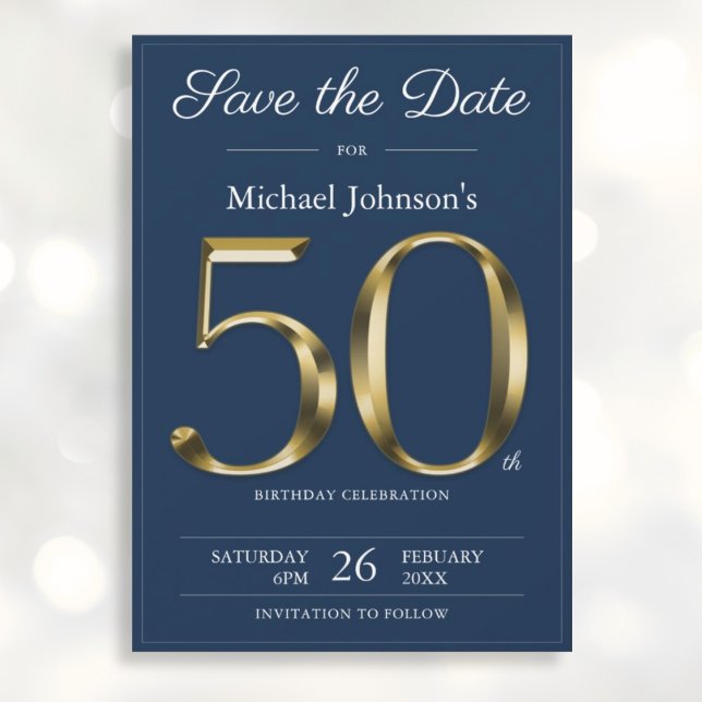 Classy Gold Navy Blue 50th Birthday Party Save The Date (Mockup View)