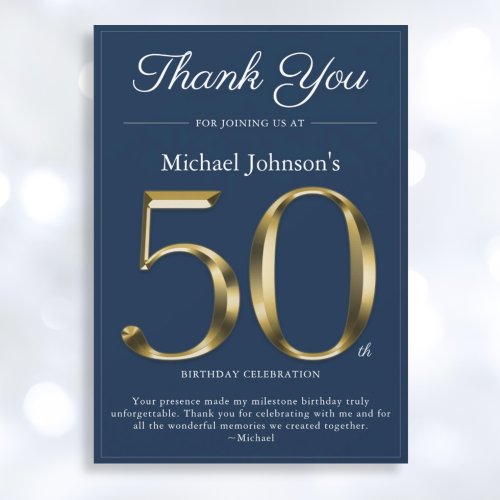 Classy Gold Navy Blue 50th Birthday Thank You Card