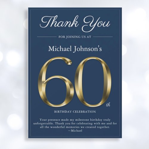 Classy Gold Navy Blue 60th Birthday Thank You Card