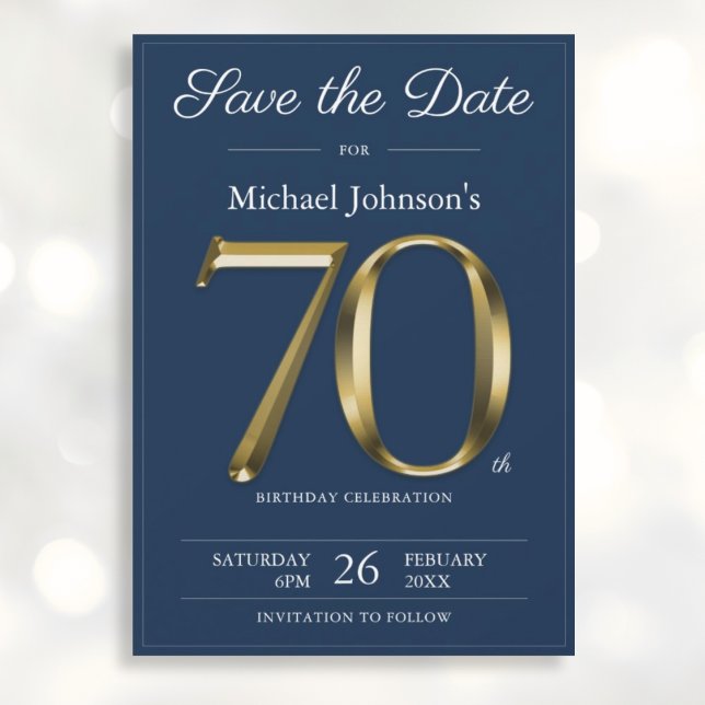 Classy Gold Navy Blue 70th Birthday Party  Save The Date (Mockup View)