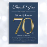 Classy Gold Navy Blue 70th Birthday Thank You Card<br><div class="desc">Classy Gold Navy Blue 70th Birthday Thank You Card. Simple yet classy birthday thank you card with the birth year milestone in solid gold text effect! This is an editable template and could be used for both male and female. Contact me if you have any questions, I will do my...</div>