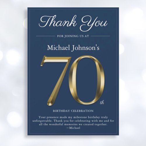 Classy Gold Navy Blue 70th Birthday Thank You Card