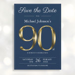 Classy Gold Navy Blue 90th Birthday Party  Save The Date<br><div class="desc">Classy Gold Navy Blue 90th Birthday Party Save the Date. Simple yet classy birthday save the date card with the birth year milestone in solid gold text effect! This is an editable template and could be used for both male and female. Contact me if you have any questions, I will...</div>