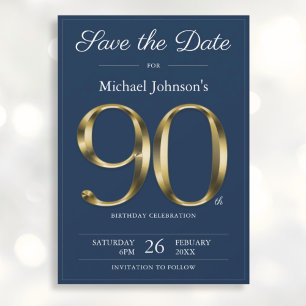 Classy Gold Navy Blue 90th Birthday Party Save The Date
