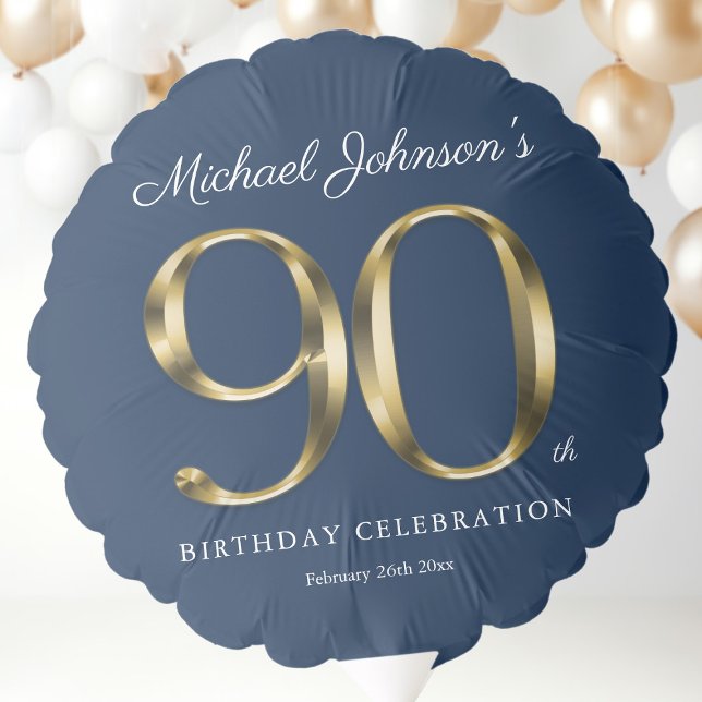 Classy Gold Navy Blue Custom 90th Birthday Party Balloon (Classy 90th Birthday Gold Navy Blue Typography Balloon
)