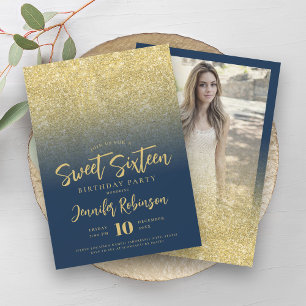 Classy Gold Navy Blue Glitter Photo Sweet 16 Invitation