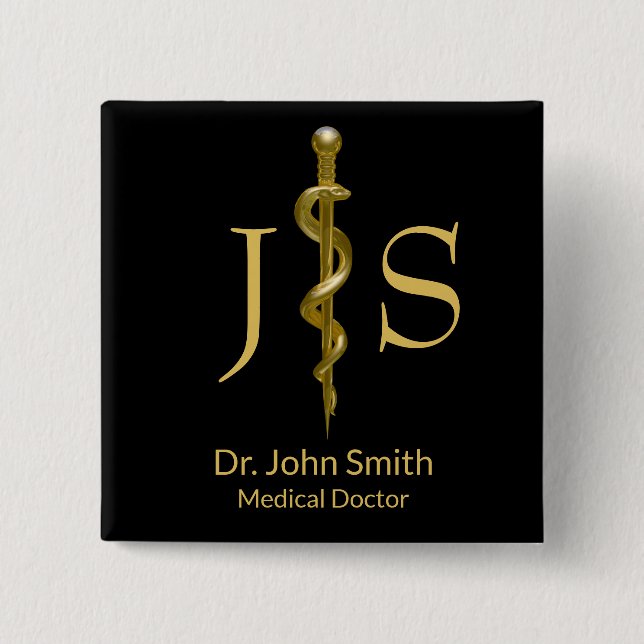 Classy Gold on Black Rod of Asclepius Medical Button (Front)